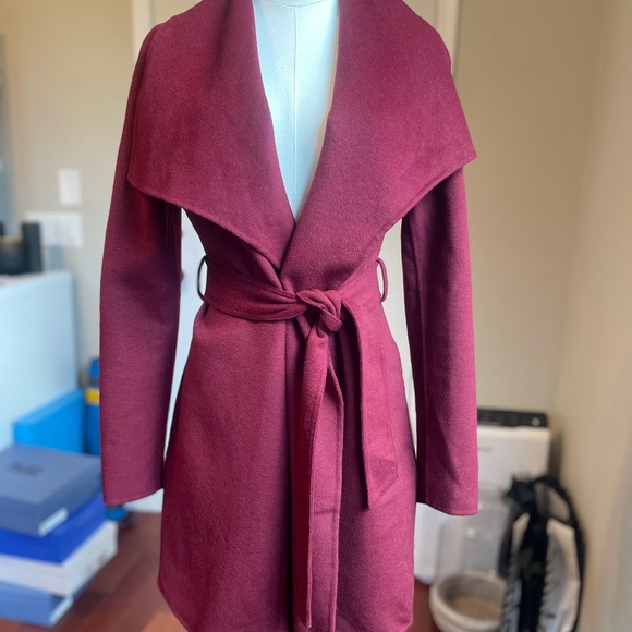 T TAHARI Ella Shawl Collar Wool-Blend Wrap Coat Burgundy Sz XS - Picture 2 of 11